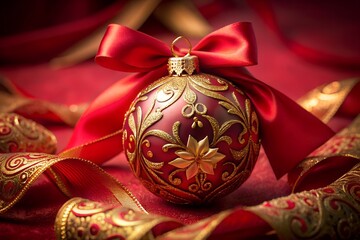 A closeup of a red and gold christmas ornament with a bow, surrounded by ribbons, creating a festive and elegant holiday scene