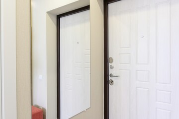 Hallway with two white panel doors framed in dark trim. One door is a mirror reflection. Walls are light beige
