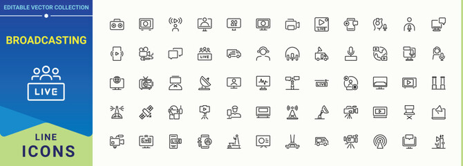Broadcasting line icon set. Vector outline icons collection. Contains outline symbols like podcast, play, video, live streaming, live. Editable stroke. Pixel Perfect. Live icon set in linear style.