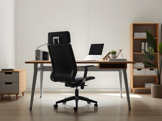 Modern Workspace Interior with Sleek Desk, Computer, Ergonomic Chair, and Minimal Accessories – Side View (AI Generated)