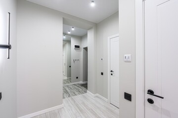 Modern hallway. Gray walls, white doors, and light wood-look flooring. Mirror reflecting another space. Clean and minimalist design