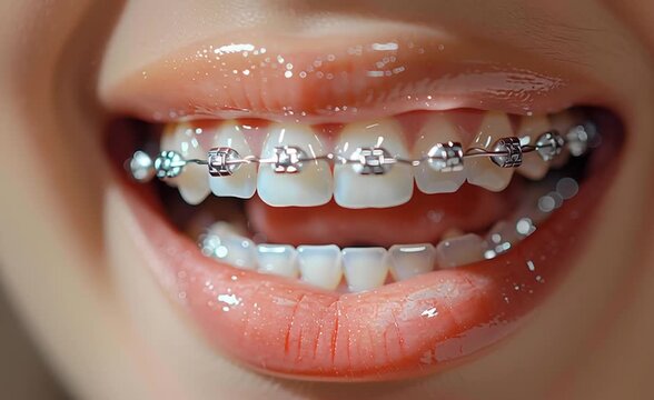 Close-up of a smile with metal braces on teeth. Concept of dentistry, orthodontic treatment, and dental care