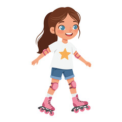 A young girl with brown hair and blue eyes is roller skating, wearing protective gear and a star shirt.
