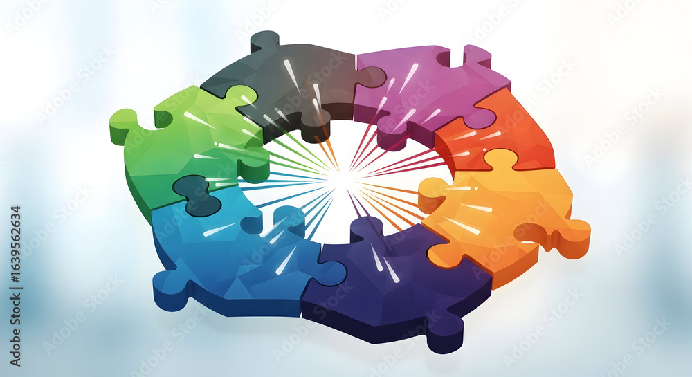 Poster dynamic teamwork concept with vibrant puzzle pieces forming a powerful circle, representing collabor