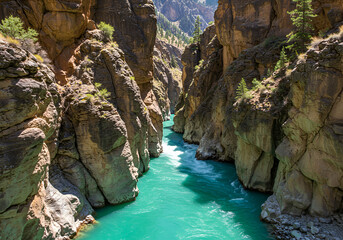 Mountain River Carving Through a Rocky Canyon in Natural Landscape