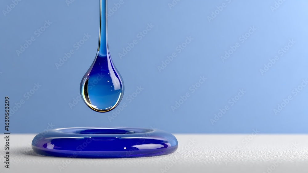 Aufkleber blue liquid is dripping from a container. the container is on a white surface. the image has a calm 
