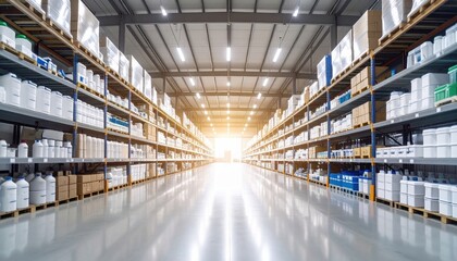 Obraz premium Spacious warehouse interior with industrial shelving and bright light