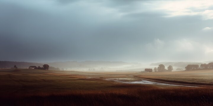 Rain falling softly on a quiet rural landscape, fog rolling through fields