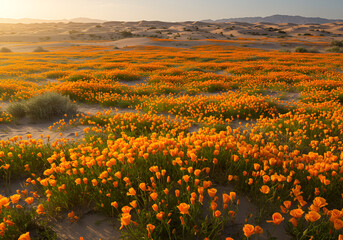Fototapeta premium Orange Desert Wildflowers Blooming After Rainfall in Arid Landscape