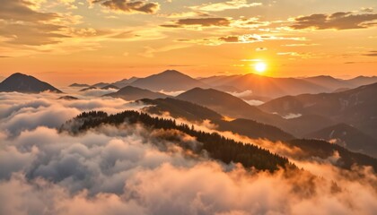 Obraz premium Captivating sunrise over mountain peaks nature scene high altitude cloudy landscape vibrant colors