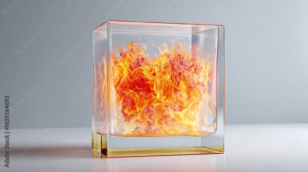 Poster glass container filled with fire. the fire is orange and red in color. the container is on a white s