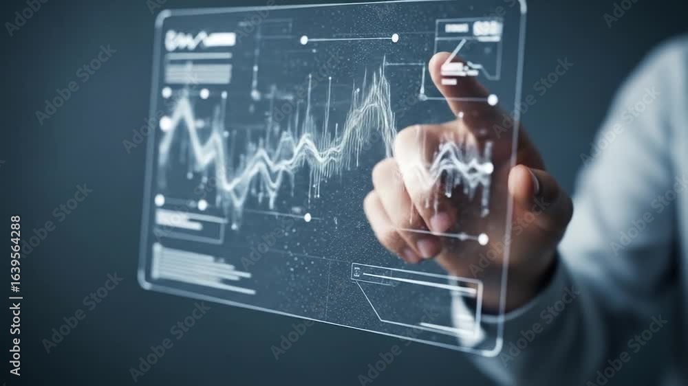 Poster futuristic hand interacting with transparent screen displaying data analysis charts