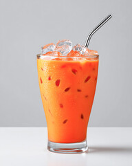 Glass of thai iced tea with ice cubes and metal straw on a white background, vertical
