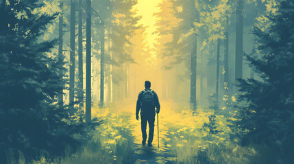Man standing in forest path surrounded by golden light