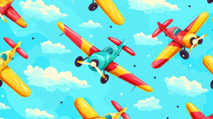 Naklejka premium Cute cartoon propeller airplanes with colorful sky backgrounds