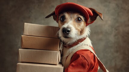 Dog delivery worker carrying packages for logistics service