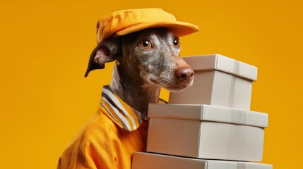 Dog delivery worker carrying packages for logistics service