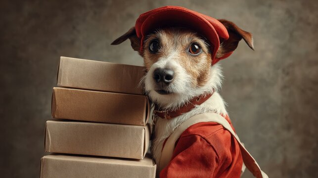 Dog delivery worker carrying packages for logistics service