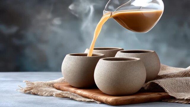 Light brown liquid being poured from a clear glass pitcher into three round, textured, light taupe-colored ceramic cups