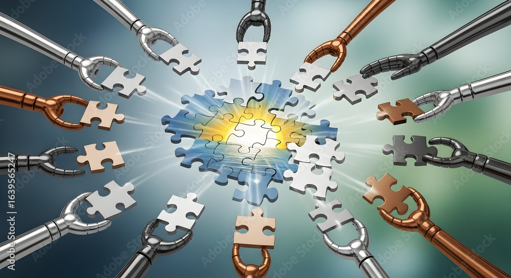 Poster strategic collaboration building success with digital robotic teamwork, assembling puzzle pieces to 