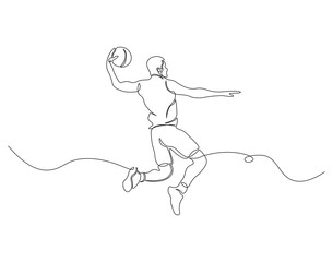 Basketball dunk continuous line. Continuous one line drawing of basketball player jumps high to score with slam dunk. Basketball man action concept. Single line drawing