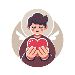 Cartoon of Boy With Wings Holding Heart With Love