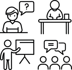 A set of four simple line art icons depicting business meeting scenarios, including a question, a speaker, a presentation, and a discussion.