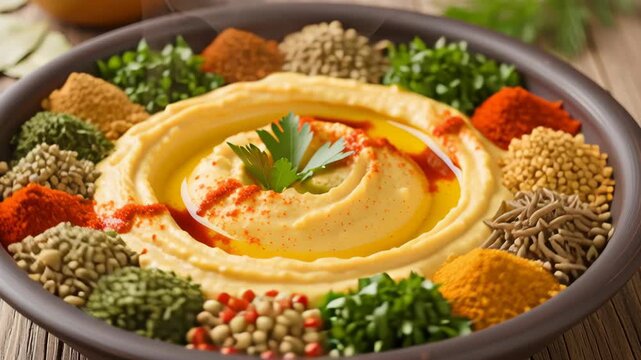 Close Up Hummus Bowl Garnished with Colorful Spices on Rustic Wooden Table in Warm Light