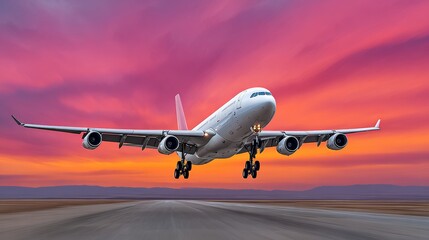 Large jet is flying through the sky with a beautiful sunset in the background. Concept of freedom and adventure, as the airplane soars through the air, leaving a trail of smoke behind it