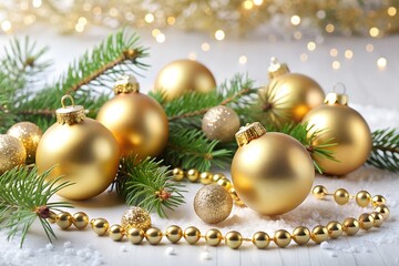 Golden christmas ornaments and beads with fir branches on a white wooden table, creating a festive and elegant holiday scene with bokeh lights