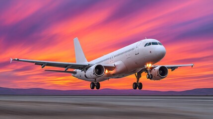 Obraz premium White airplane is flying in the sky with a beautiful sunset in the background. Concept of freedom and adventure, as the airplane soars through the air, leaving a trail of smoke behind it