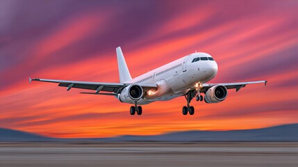 White airplane is flying through a beautiful sunset. The sky is filled with vibrant colors, creating a serene and peaceful atmosphere. The airplane is the main focus of the image