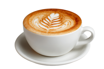 White cup of cappuccino with latte art isolated on transparent background