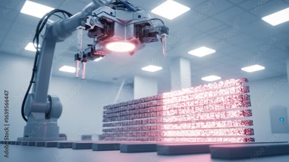Poster futuristic robotic arm processing materials in a high-tech laboratory setting