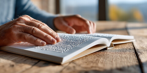 Senior man reading braille book on wooden table: education and inclusivity for blind people
