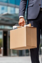 Dismissed businessman in suit carrying cardboard box with personal belongings, walking out of modern office building. Concept of job loss, layoff, unemployment, corporate downsizing.