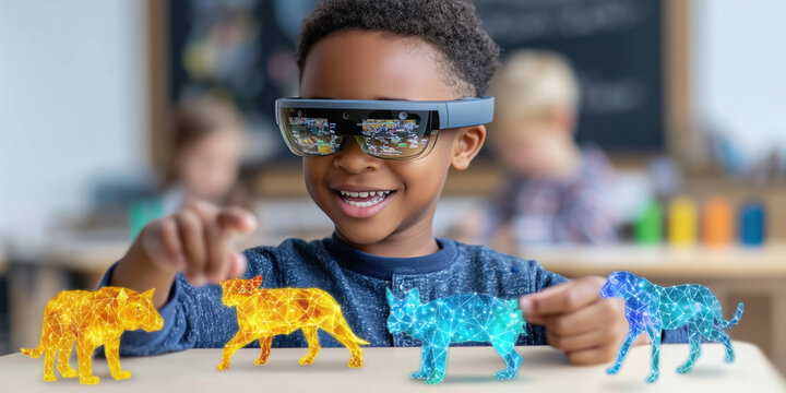 Elementary school student wearing ar glasses interacting with holographic animals in classroom