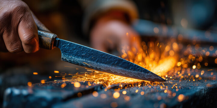 Blacksmith sharpening knife blade on grindstone, creating sparks