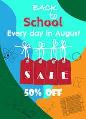 Back to school sale flyer, banner,template, poster, flyer yellow, blue, green. Vector illustration.
