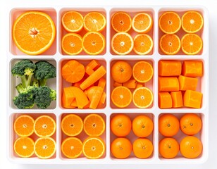 Fresh Orange Fruits and Vegetables in Neat Square Compartments
