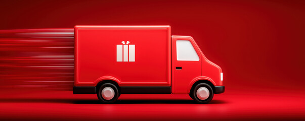 Red delivery van speeding with gift icon is delivering christmas presents