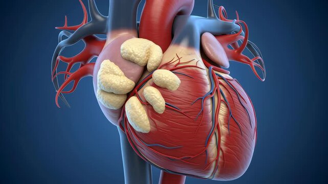 Detailed Anatomical Heart Model with Fatty Deposits on Blue Background for Medical and Educational Use