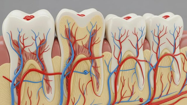 Detailed Anatomical Model of Human Teeth Sectioned Showing Enamel Dentin Pulp with Blood Vessels and Gums Against Gray Backdrop