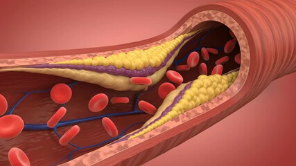 Detailed Artery Illustration With Red Blood Cells And Plaque Build Up In Red Background For Medical Health Science Concept