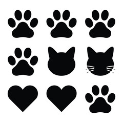 Paw prints cat faces hearts black white