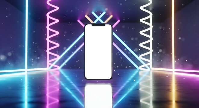 Modern Smartphone Mockup Neon Lights Background Futuristic Technology Gadget Display Screen Mobile Phone App Presentation Wireless Device Blank Template