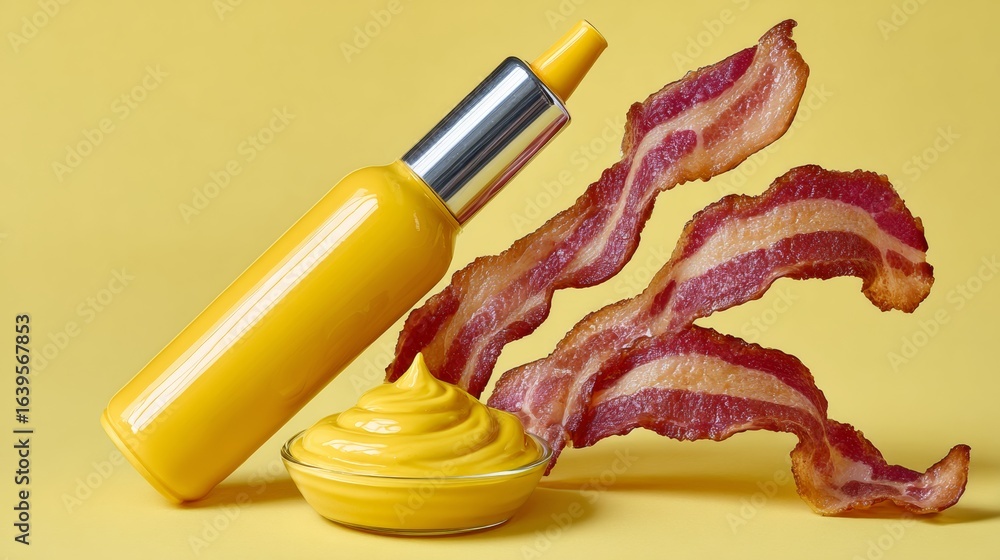Poster bottle of mustard sits on a yellow table next to a plate of bacon. the mustard is yellow and the bac
