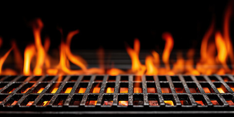 Empty hot charcoal barbecue grill with bright flames burning on black background