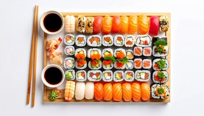 Sushi platter with assorted rolls, soy sauce, and chopsticks, isolated on plain white background, Japanese food concept