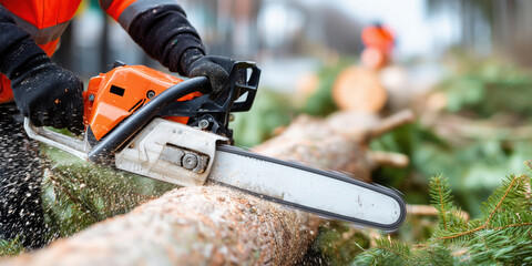Lumberjack cutting tree trunk with chainsaw in forest during forestry work